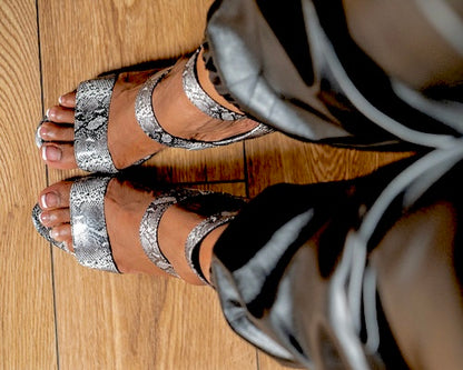 Chari Snake Skin 3-strap Heels