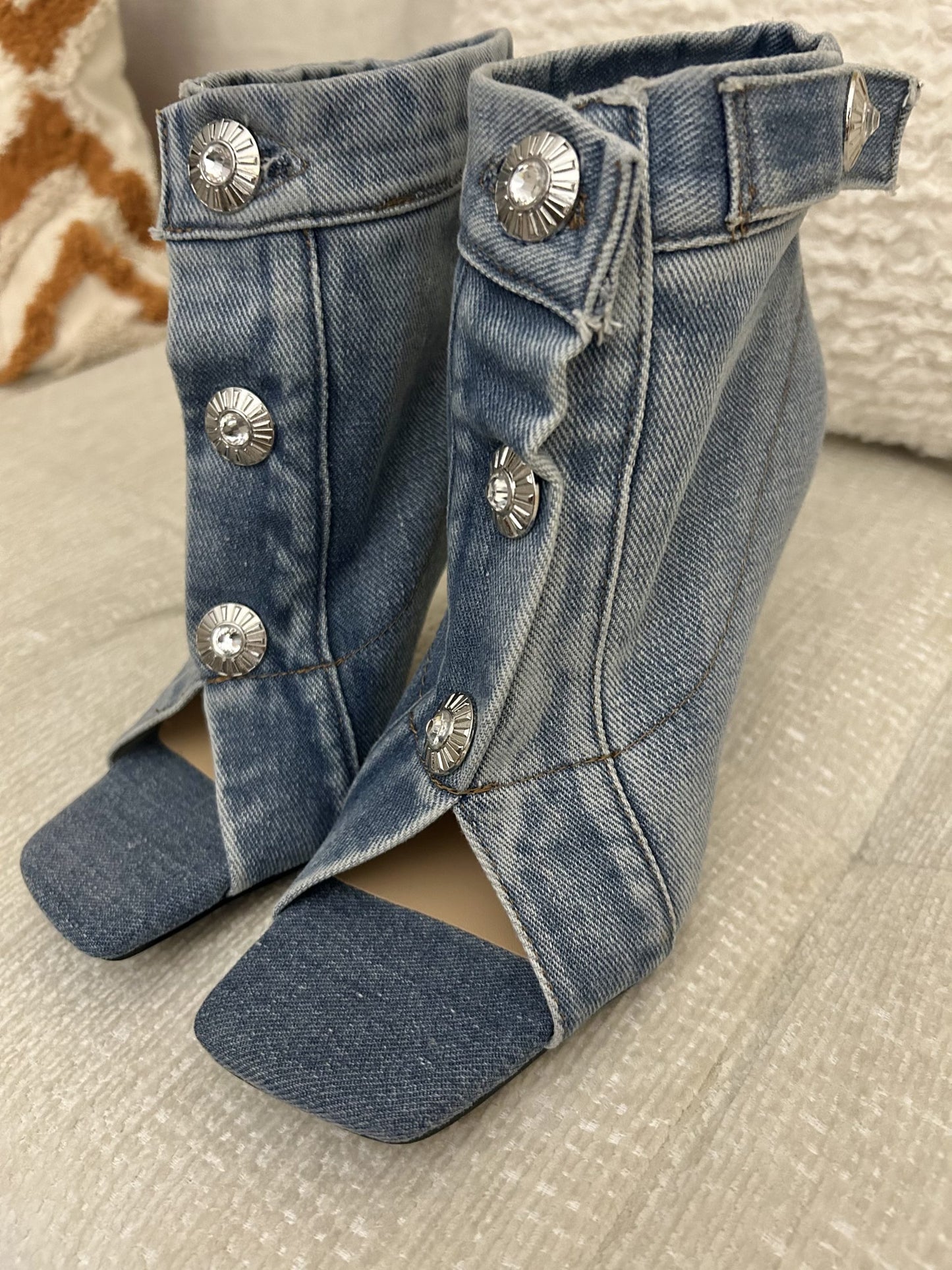 LaLa Denim Booties with Jeweled Buttons