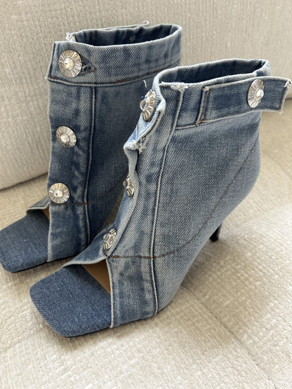 LaLa Denim Booties with Jeweled Buttons