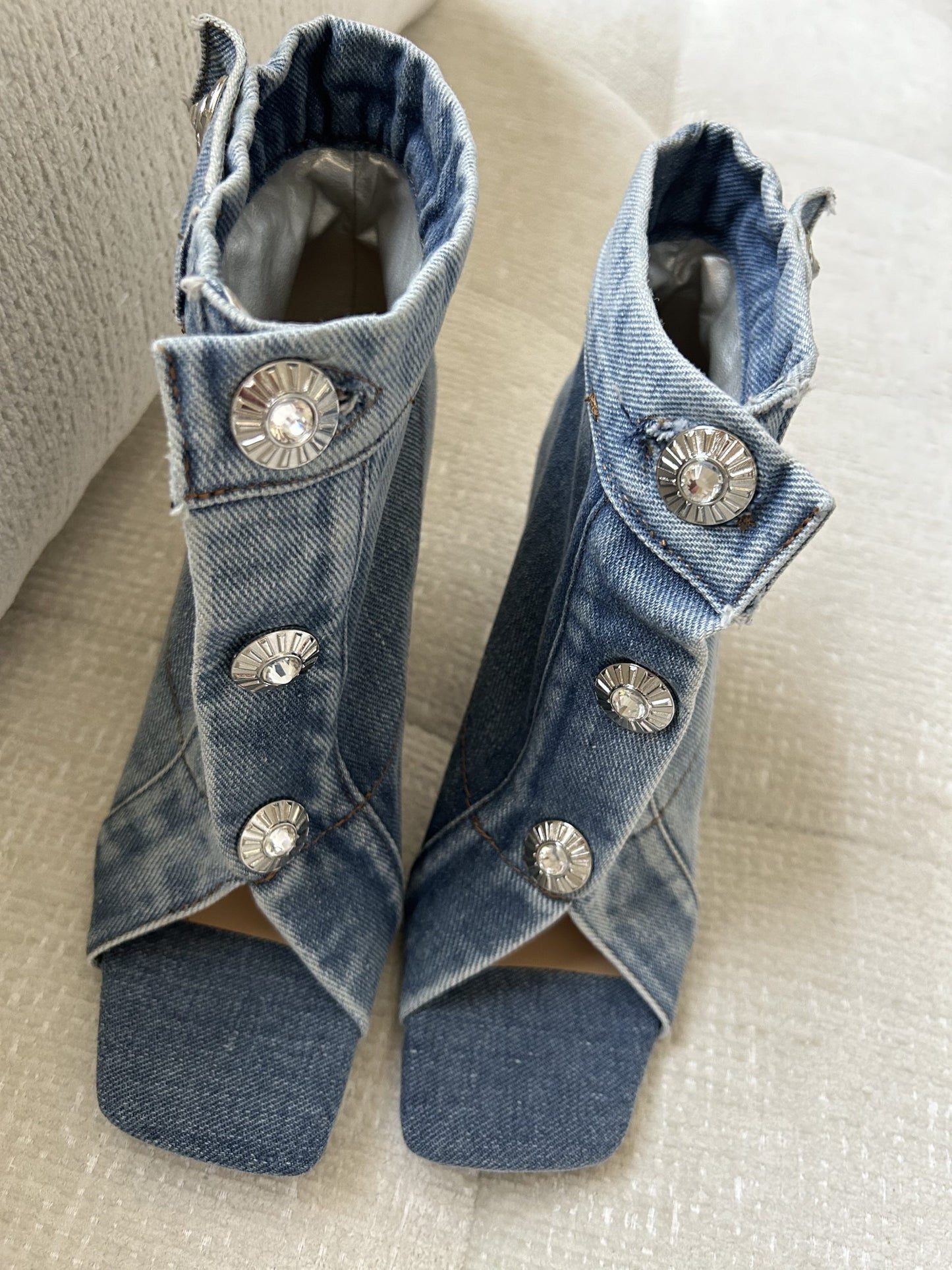 LaLa Denim Booties with Jeweled Buttons