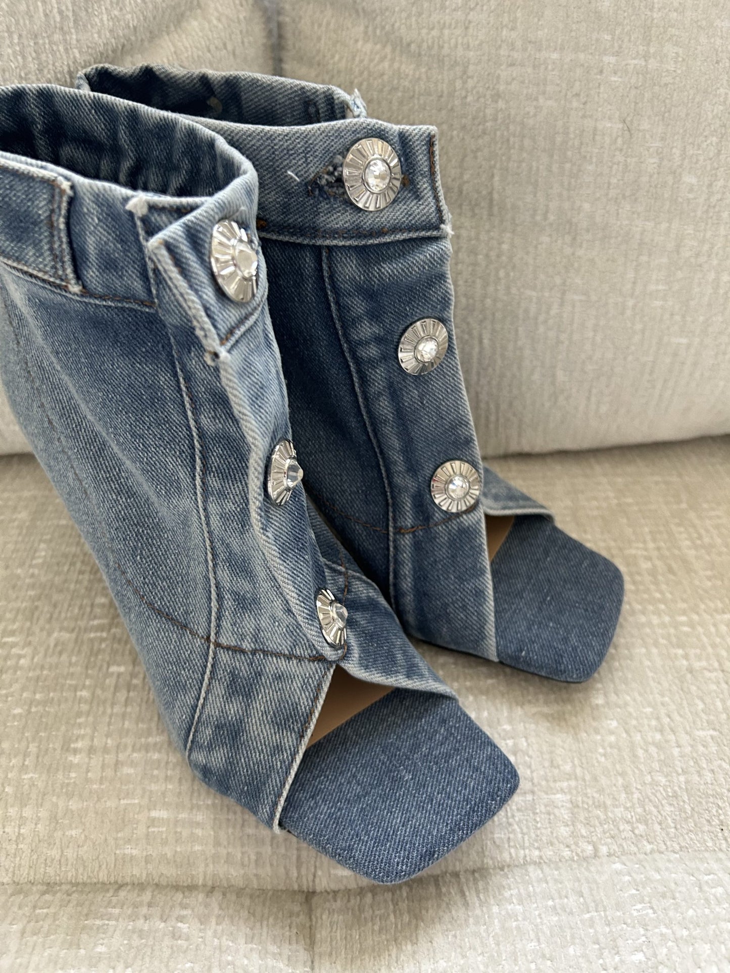 LaLa Denim Booties with Jeweled Buttons