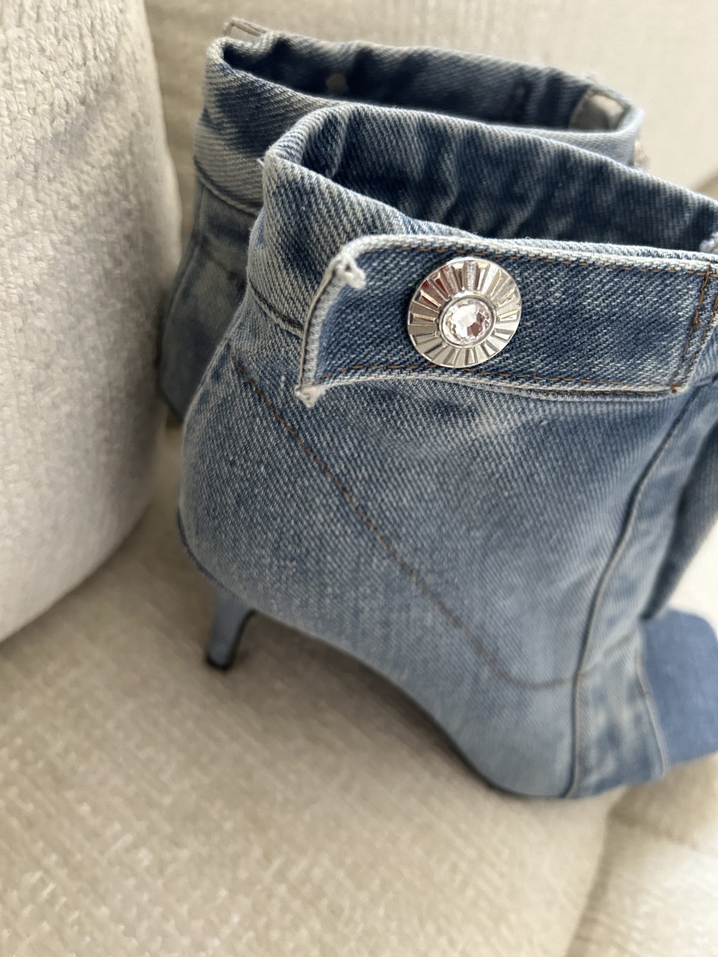 LaLa Denim Booties with Jeweled Buttons